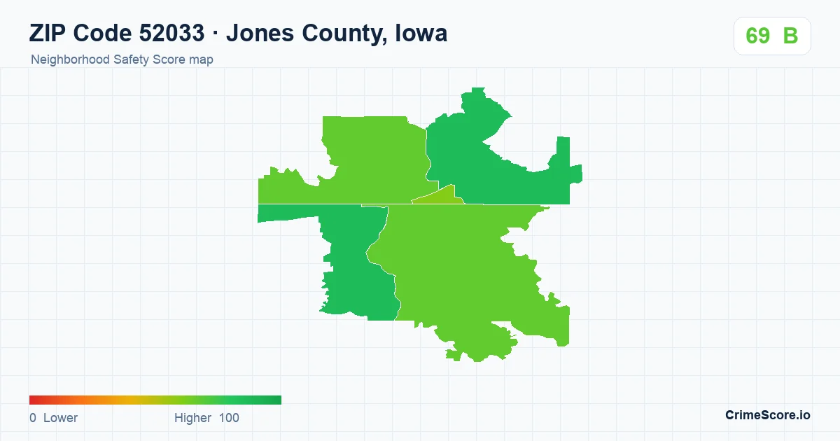 ZIP Code 52033 in Jones County, Iowa neighborhood Safety Score map