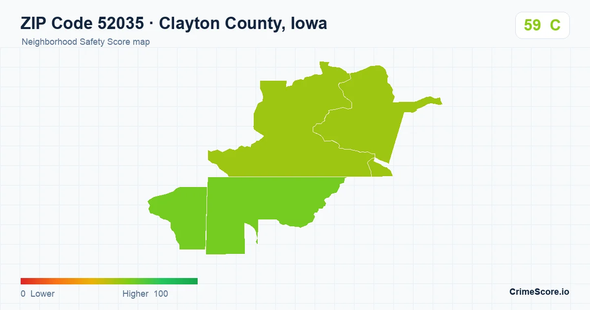 ZIP Code 52035 in Clayton County, Iowa neighborhood Safety Score map