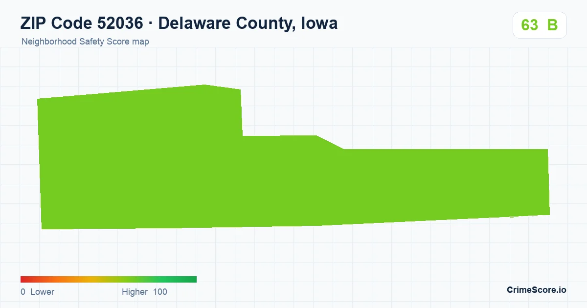 ZIP Code 52036 in Delaware County, Iowa neighborhood Safety Score map