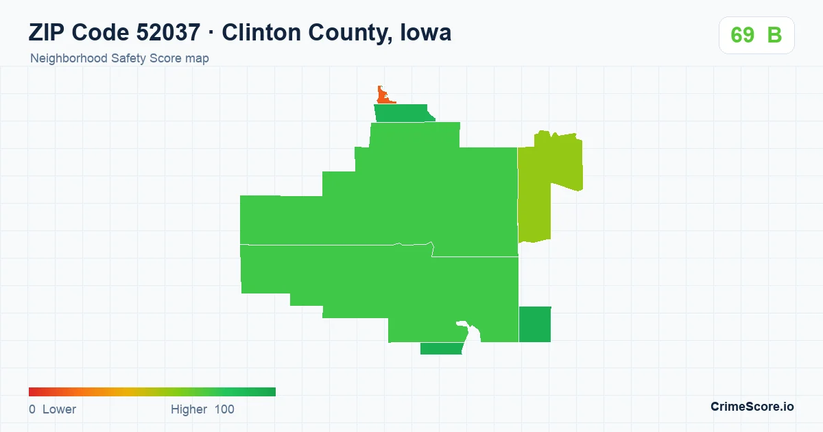ZIP Code 52037 in Clinton County, Iowa neighborhood Safety Score map