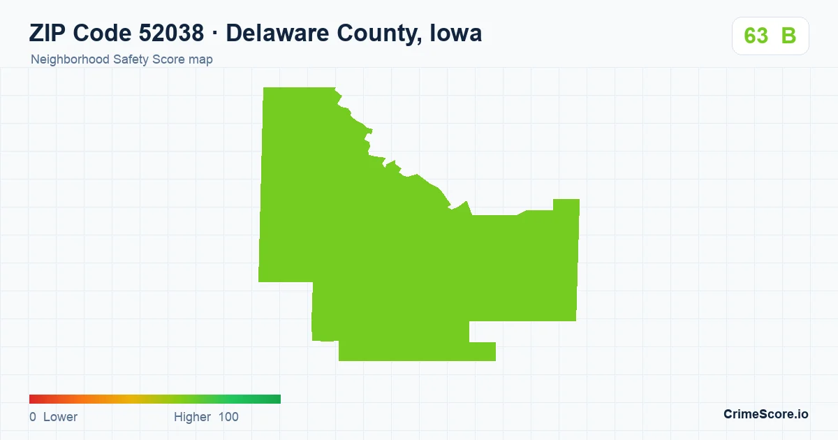ZIP Code 52038 in Delaware County, Iowa neighborhood Safety Score map