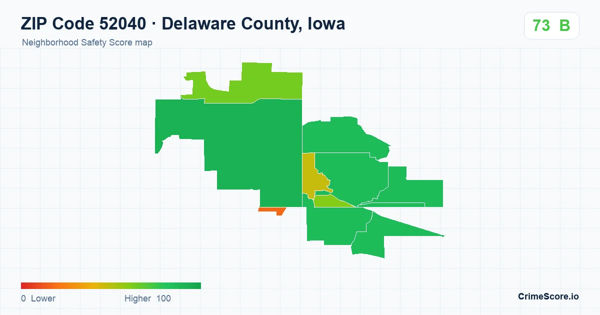 ZIP Code 52040 in Delaware County, Iowa neighborhood Safety Score map