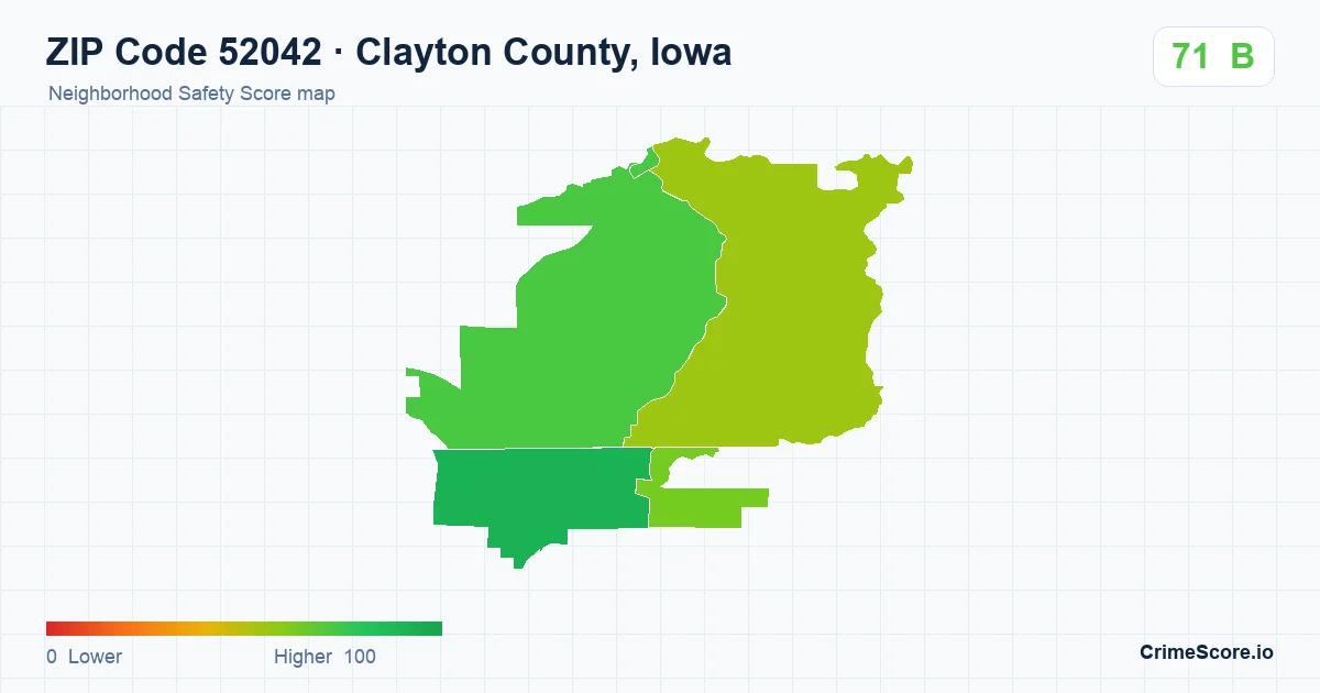 ZIP Code 52042 in Clayton County, Iowa neighborhood Safety Score map