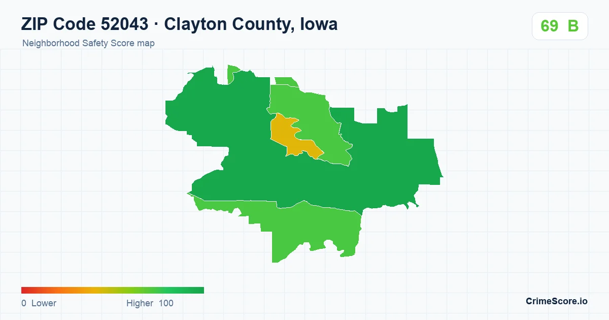 ZIP Code 52043 in Clayton County, Iowa neighborhood Safety Score map