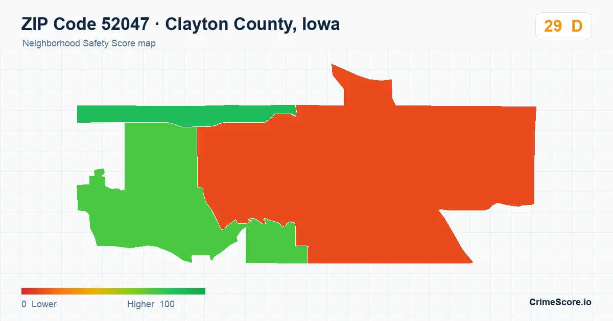 ZIP Code 52047 in Clayton County, Iowa neighborhood Safety Score map