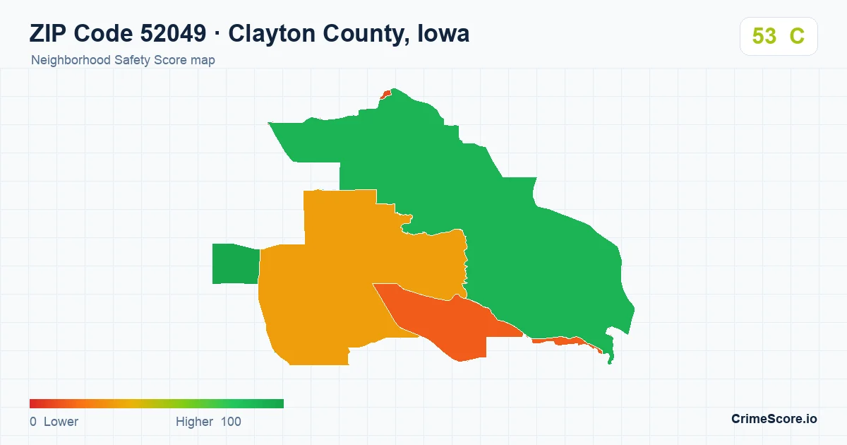 ZIP Code 52049 in Clayton County, Iowa neighborhood Safety Score map