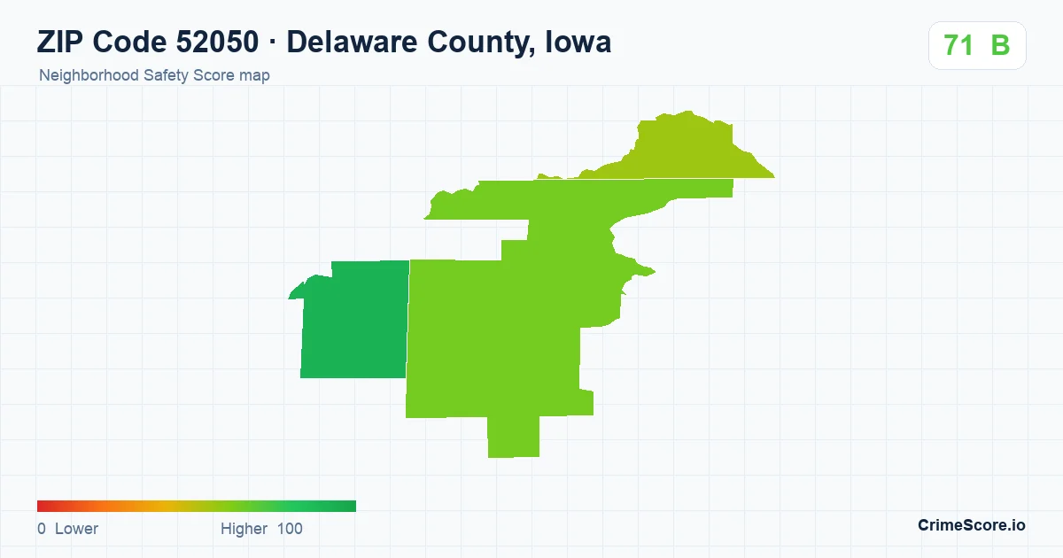 ZIP Code 52050 in Delaware County, Iowa neighborhood Safety Score map