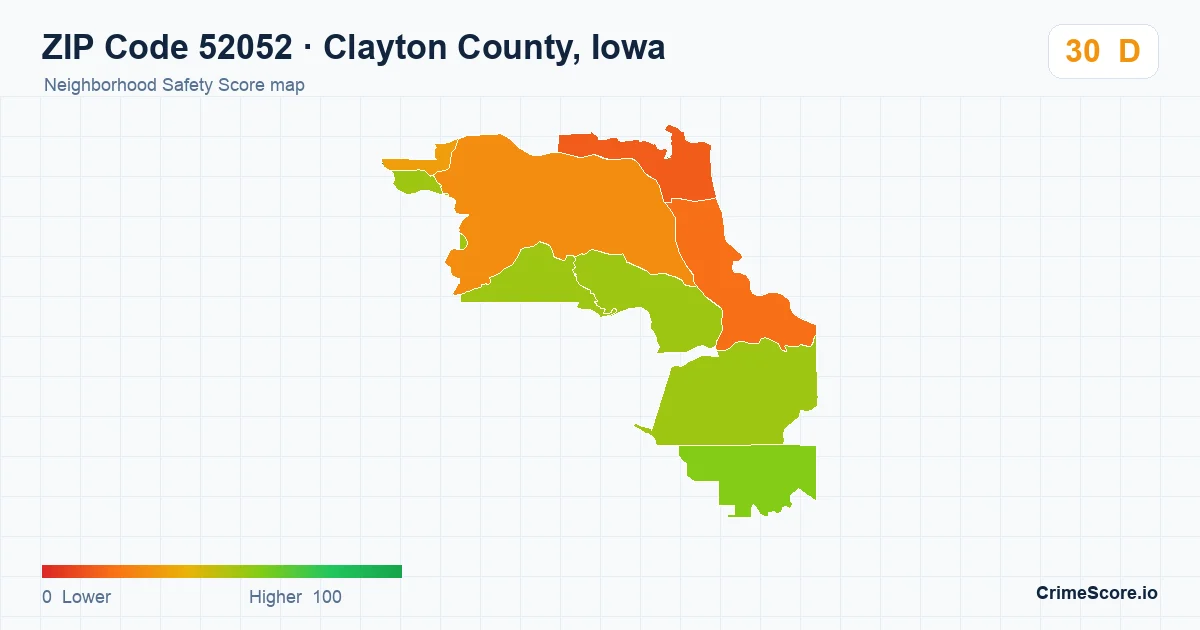 ZIP Code 52052 in Clayton County, Iowa neighborhood Safety Score map