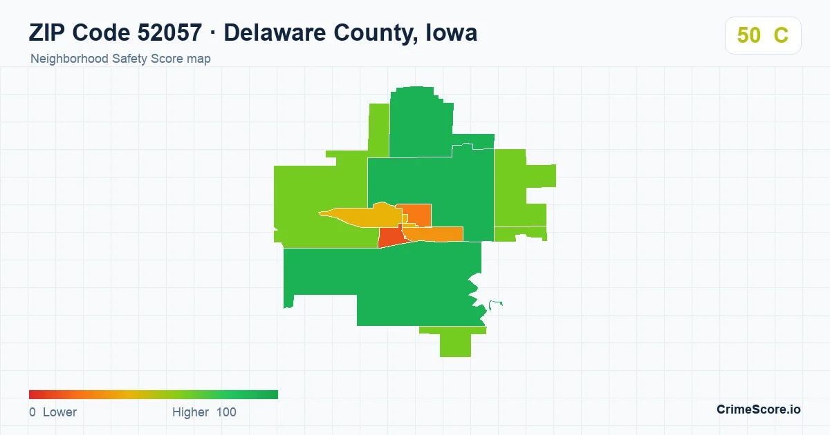 ZIP Code 52057 in Delaware County, Iowa neighborhood Safety Score map