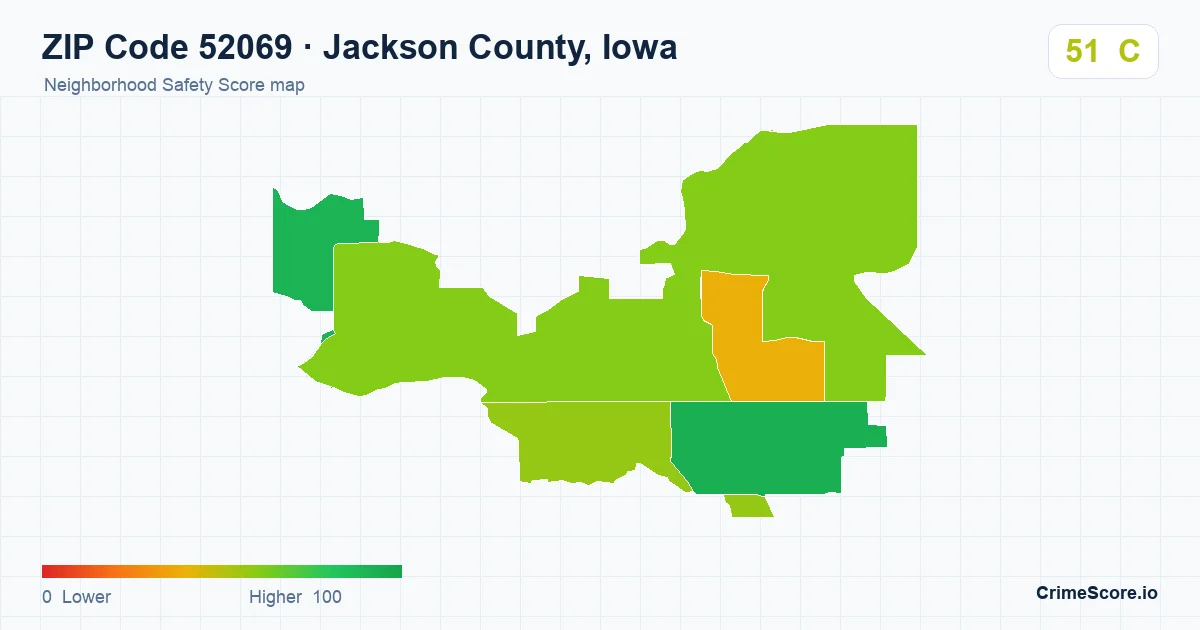 ZIP Code 52069 in Jackson County, Iowa neighborhood Safety Score map