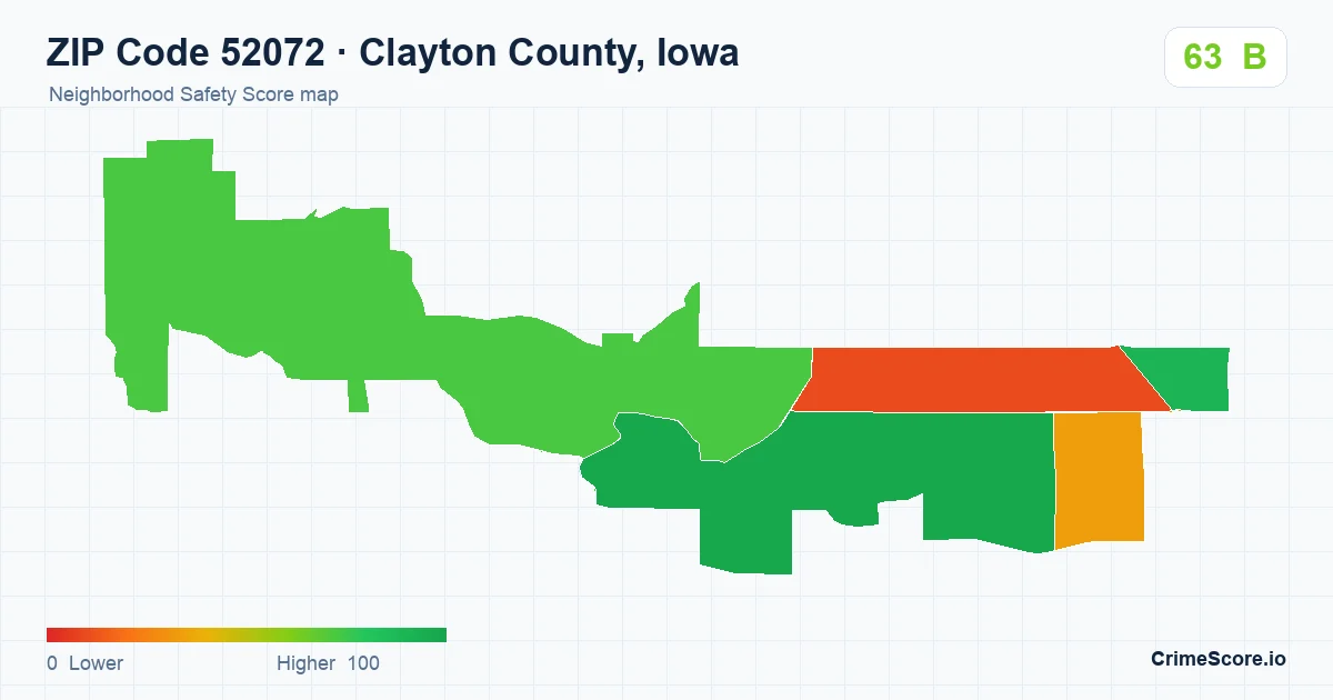 ZIP Code 52072 in Clayton County, Iowa neighborhood Safety Score map