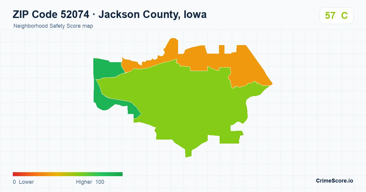 ZIP Code 52074 in Jackson County, Iowa neighborhood Safety Score map