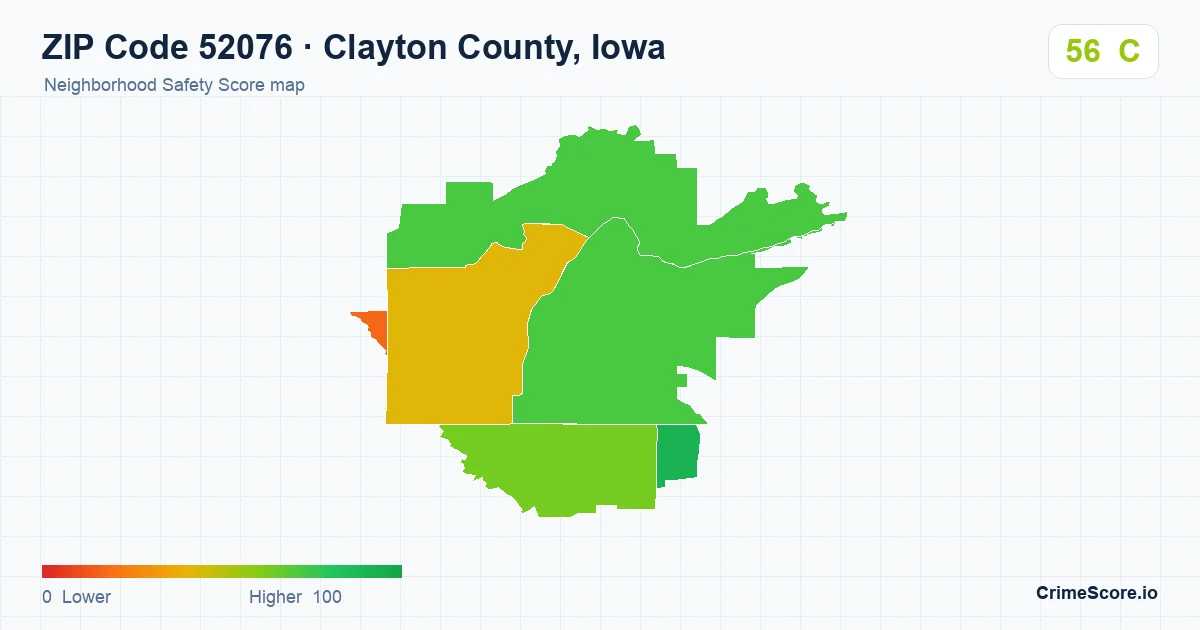 ZIP Code 52076 in Clayton County, Iowa neighborhood Safety Score map