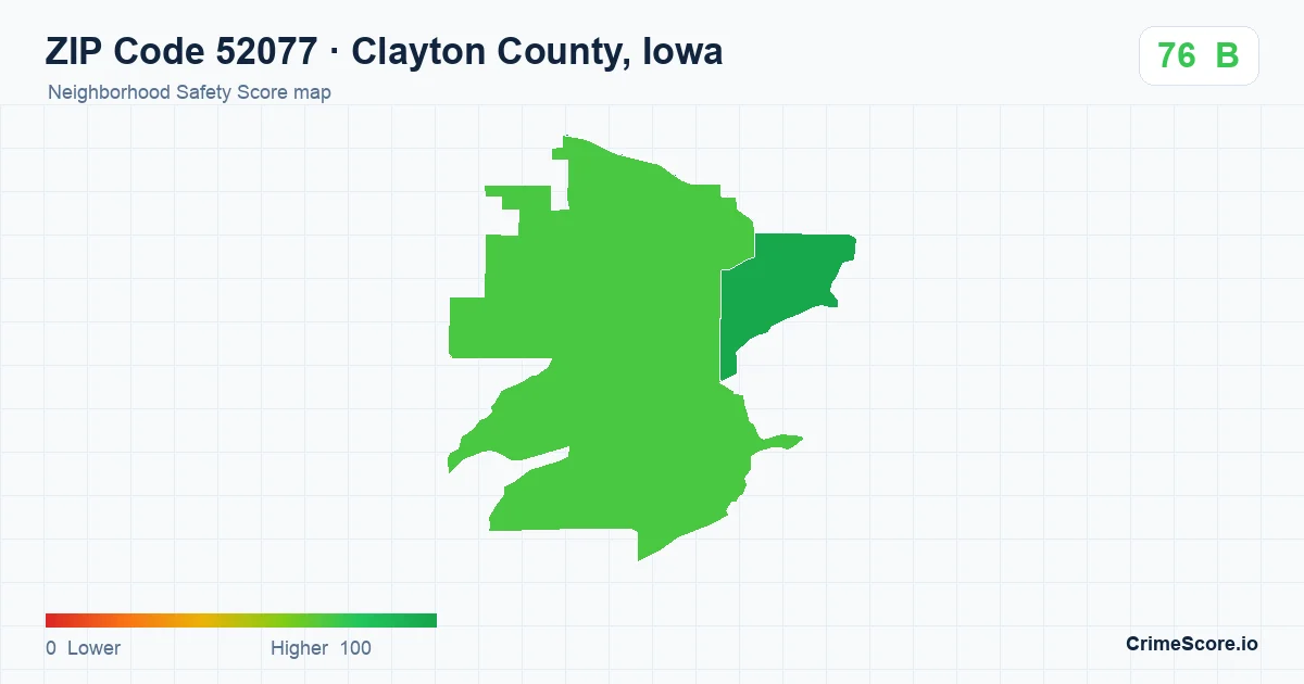 ZIP Code 52077 in Clayton County, Iowa neighborhood Safety Score map