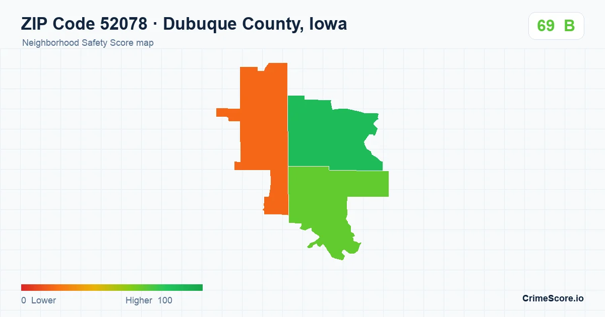ZIP Code 52078 in Dubuque County, Iowa neighborhood Safety Score map