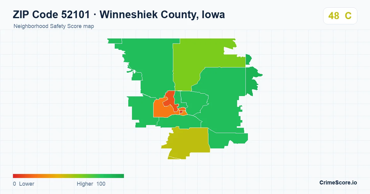 ZIP Code 52101 in Winneshiek County, Iowa neighborhood Safety Score map
