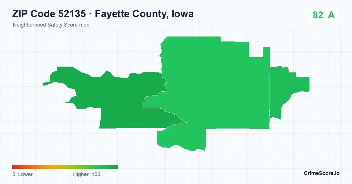 ZIP Code 52135 in Fayette County, Iowa neighborhood Safety Score map