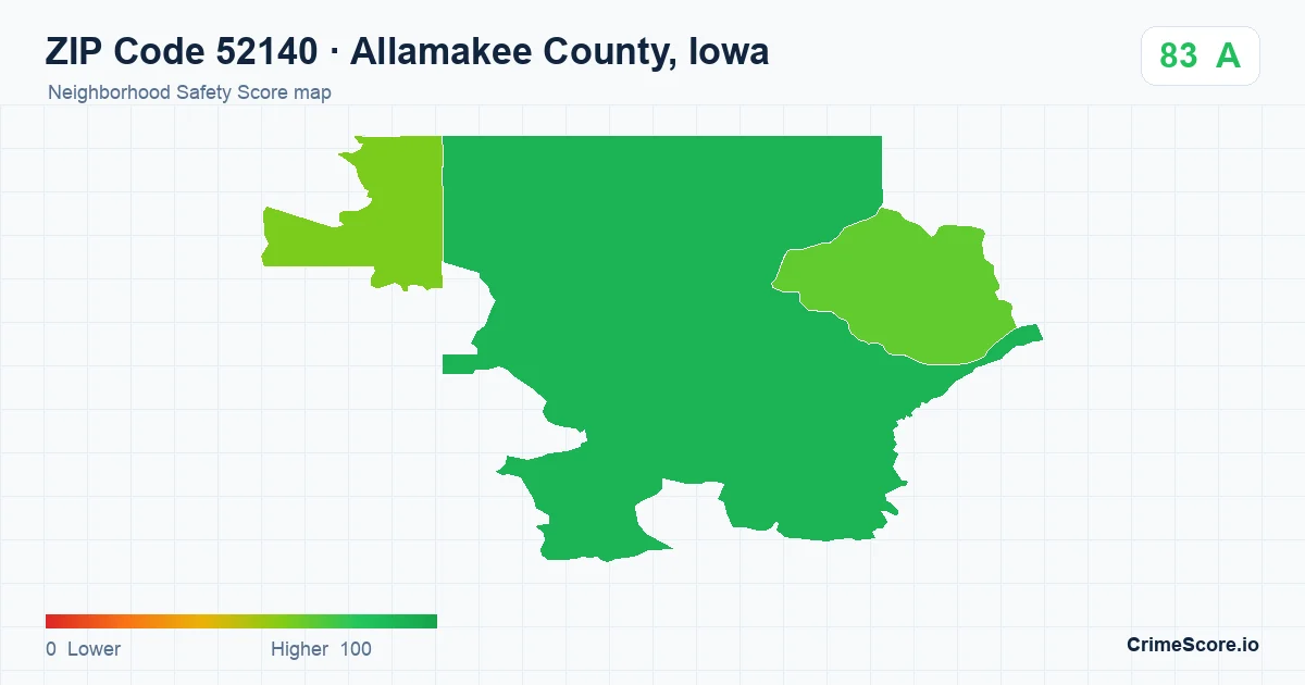 ZIP Code 52140 in Allamakee County, Iowa neighborhood Safety Score map