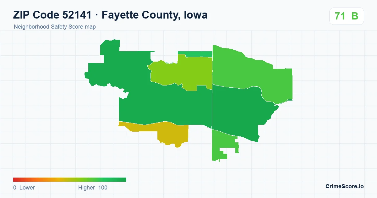 ZIP Code 52141 in Fayette County, Iowa neighborhood Safety Score map