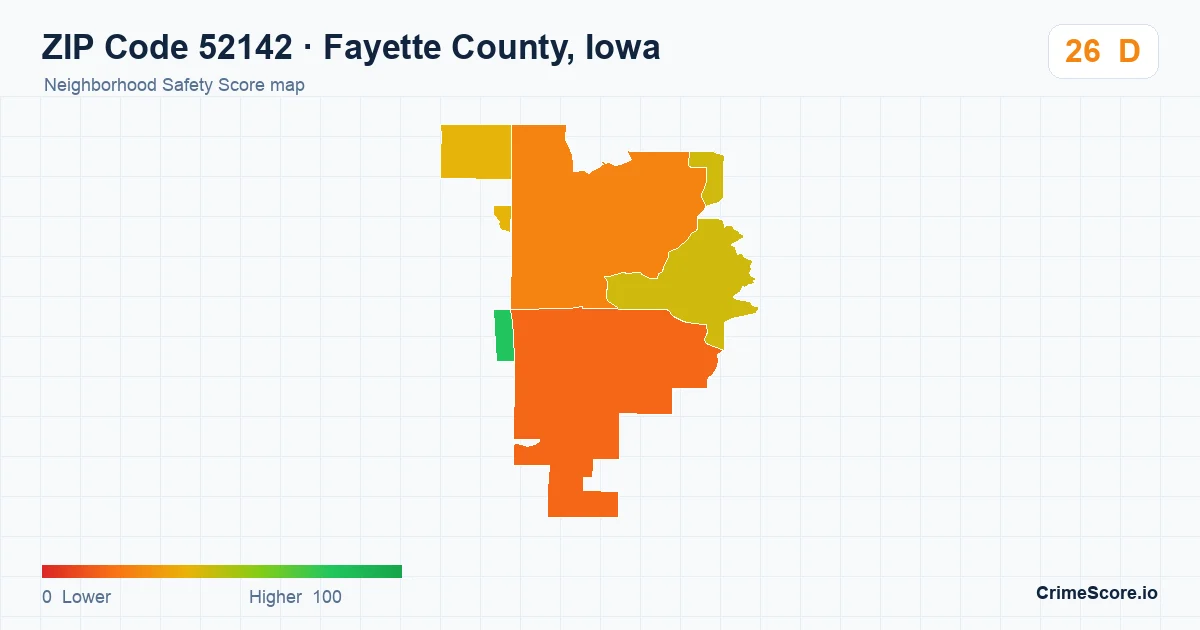 ZIP Code 52142 in Fayette County, Iowa neighborhood Safety Score map
