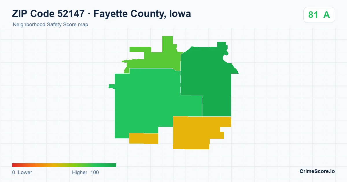 ZIP Code 52147 in Fayette County, Iowa neighborhood Safety Score map