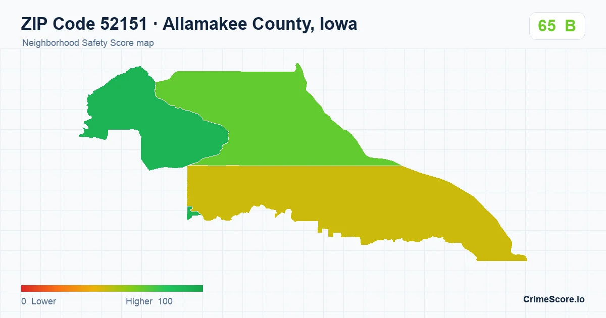 ZIP Code 52151 in Allamakee County, Iowa neighborhood Safety Score map