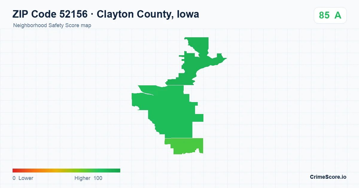 ZIP Code 52156 in Clayton County, Iowa neighborhood Safety Score map