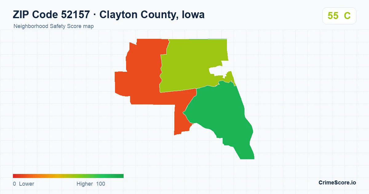 ZIP Code 52157 in Clayton County, Iowa neighborhood Safety Score map