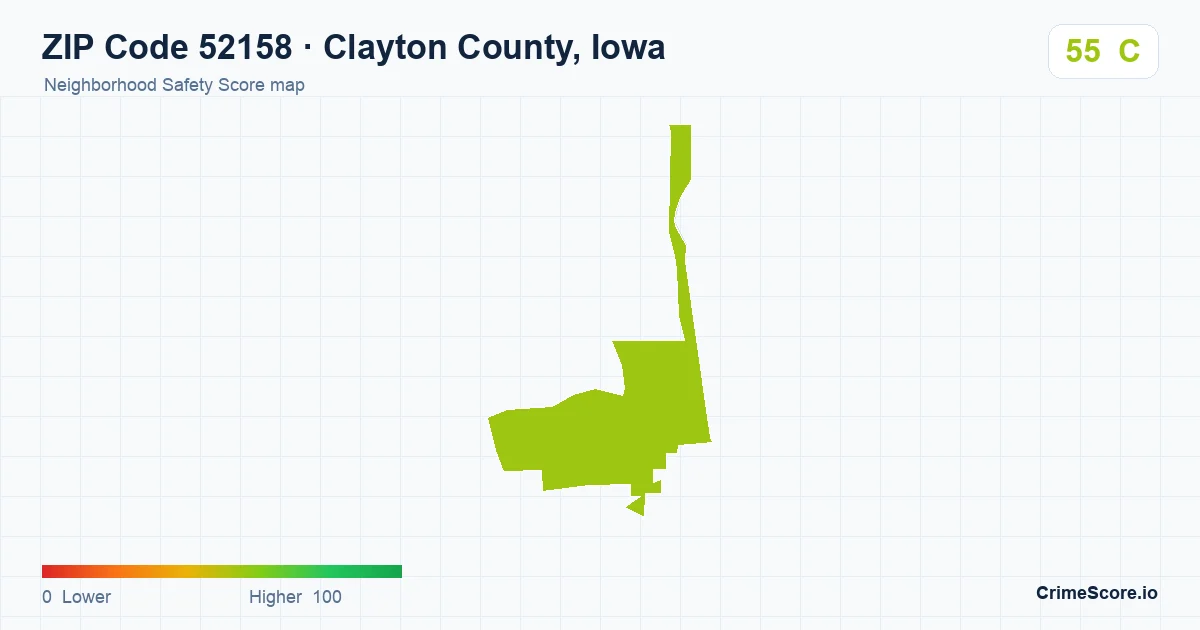 ZIP Code 52158 in Clayton County, Iowa neighborhood Safety Score map