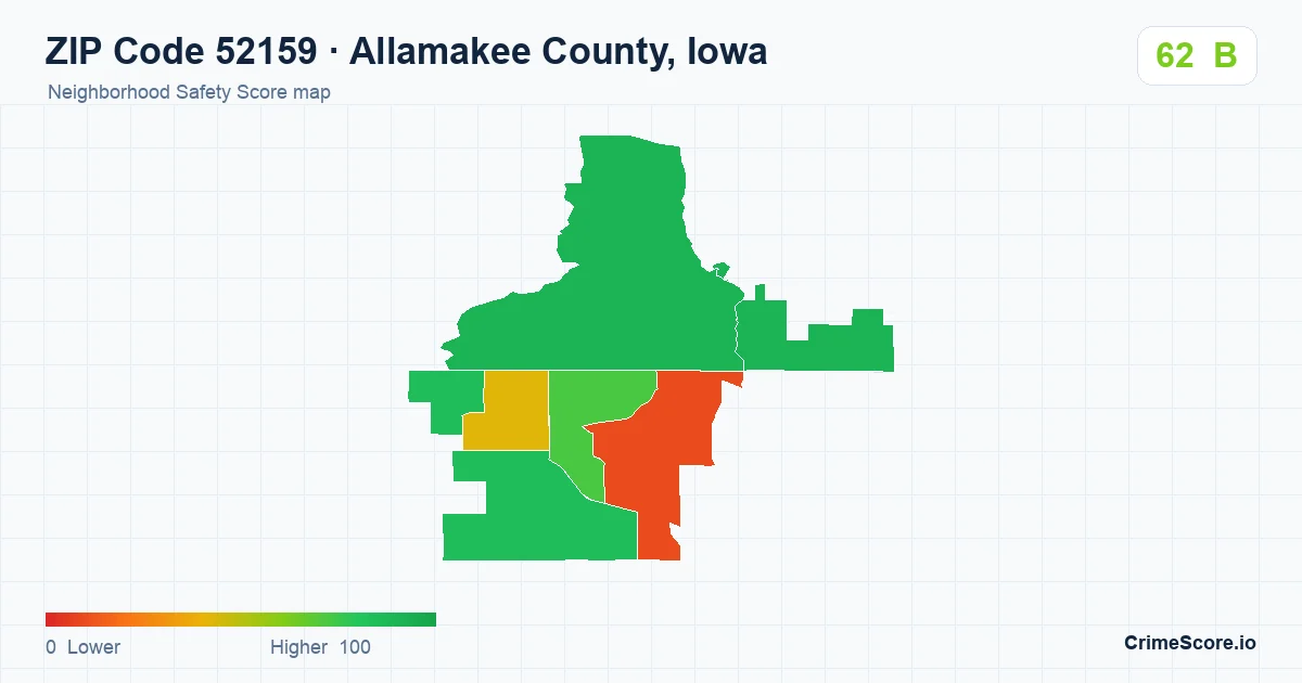 ZIP Code 52159 in Allamakee County, Iowa neighborhood Safety Score map