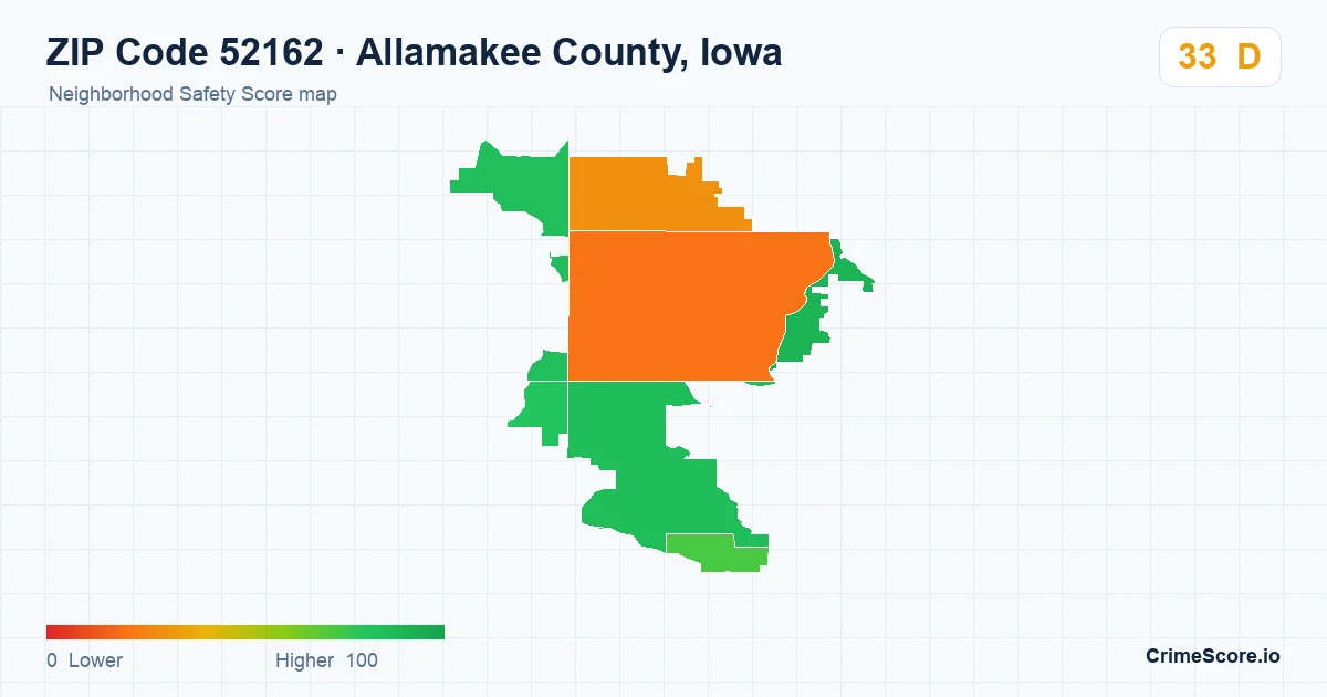 ZIP Code 52162 in Allamakee County, Iowa neighborhood Safety Score map