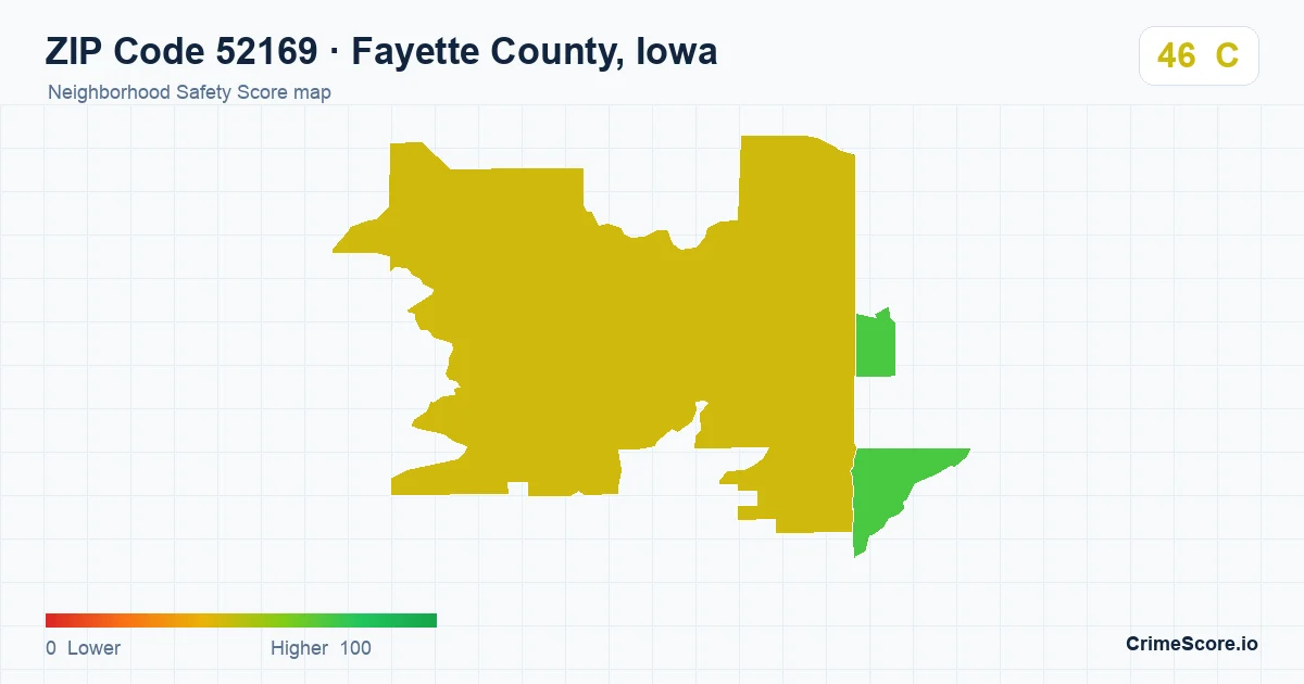ZIP Code 52169 in Fayette County, Iowa neighborhood Safety Score map