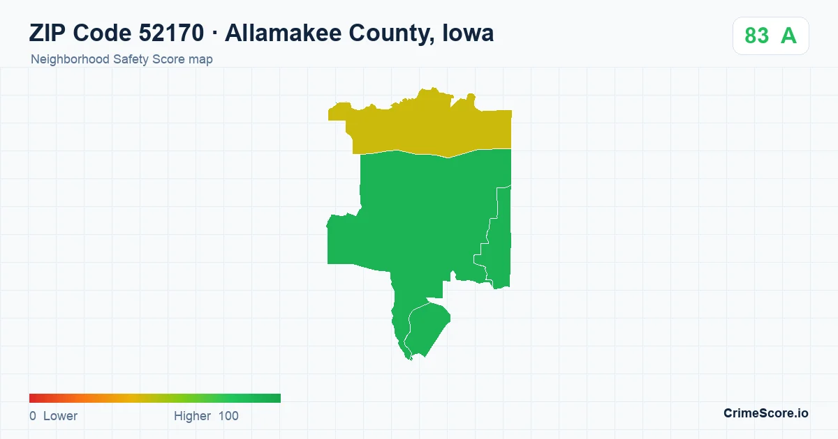 ZIP Code 52170 in Allamakee County, Iowa neighborhood Safety Score map