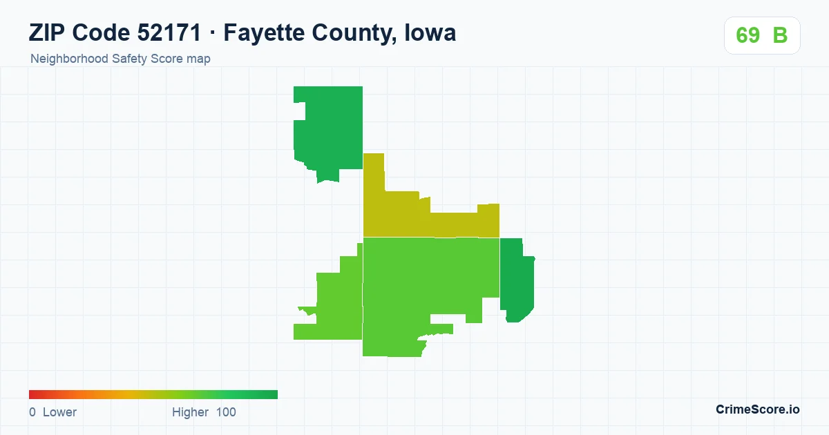 ZIP Code 52171 in Fayette County, Iowa neighborhood Safety Score map