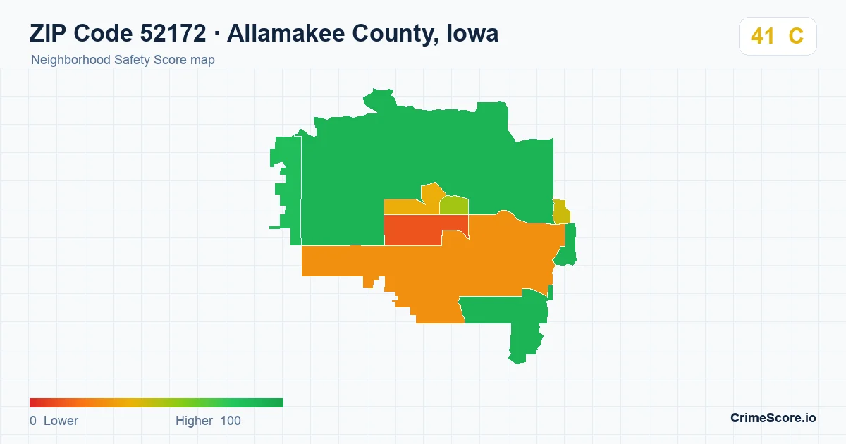 ZIP Code 52172 in Allamakee County, Iowa neighborhood Safety Score map