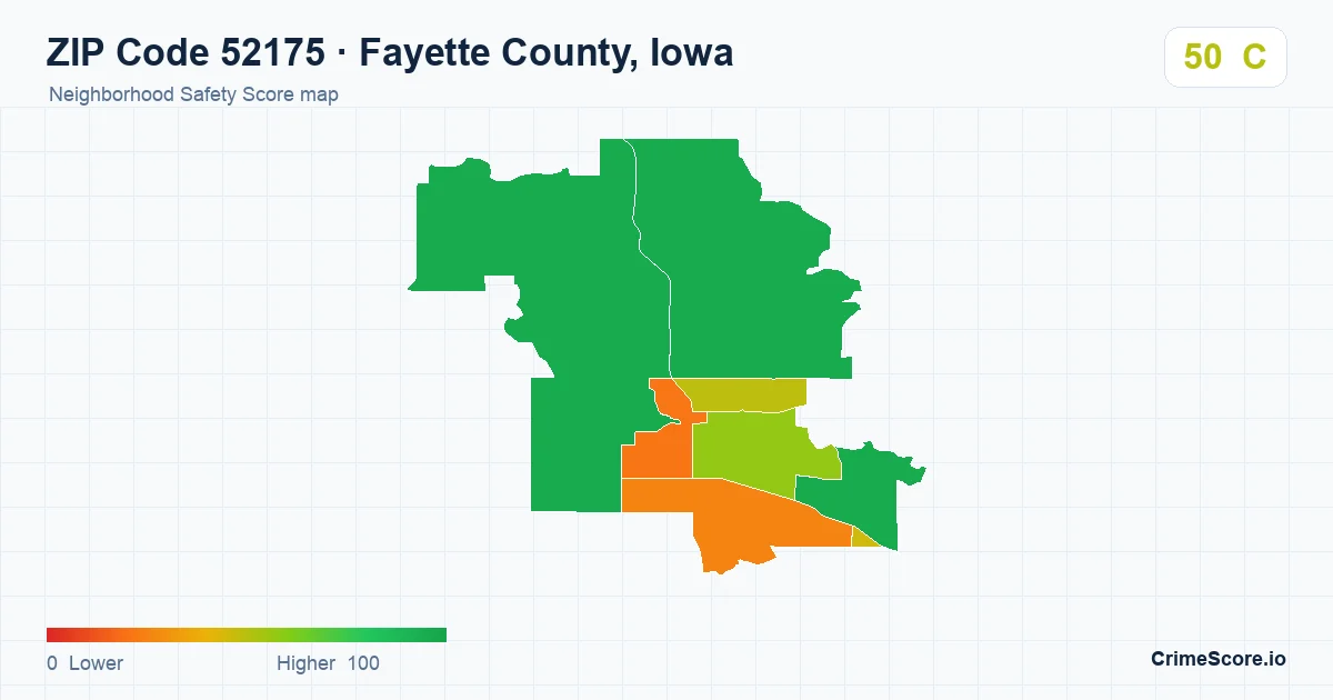 ZIP Code 52175 in Fayette County, Iowa neighborhood Safety Score map