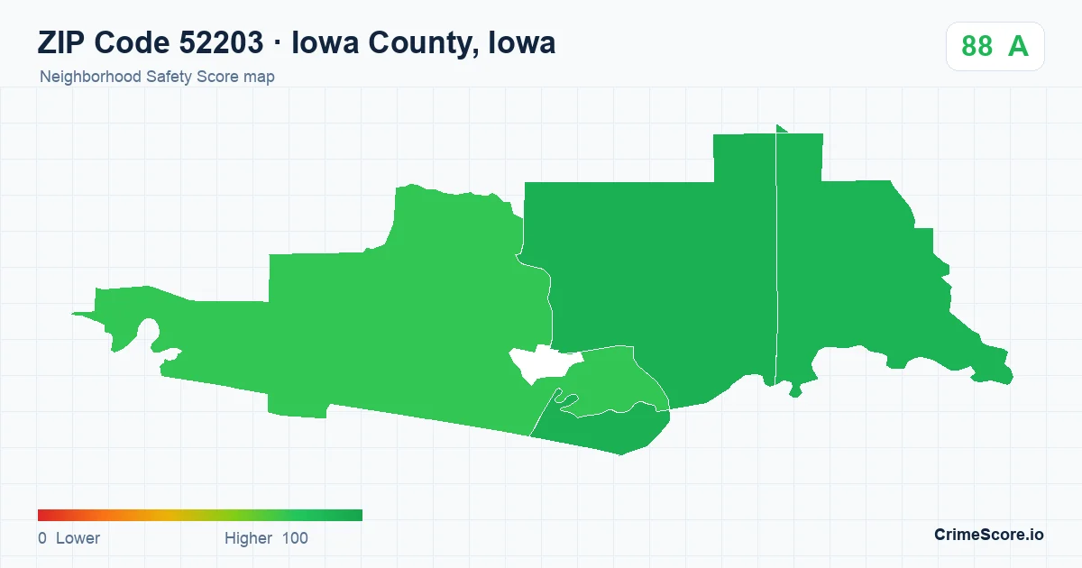 ZIP Code 52203 in Iowa County, Iowa neighborhood Safety Score map