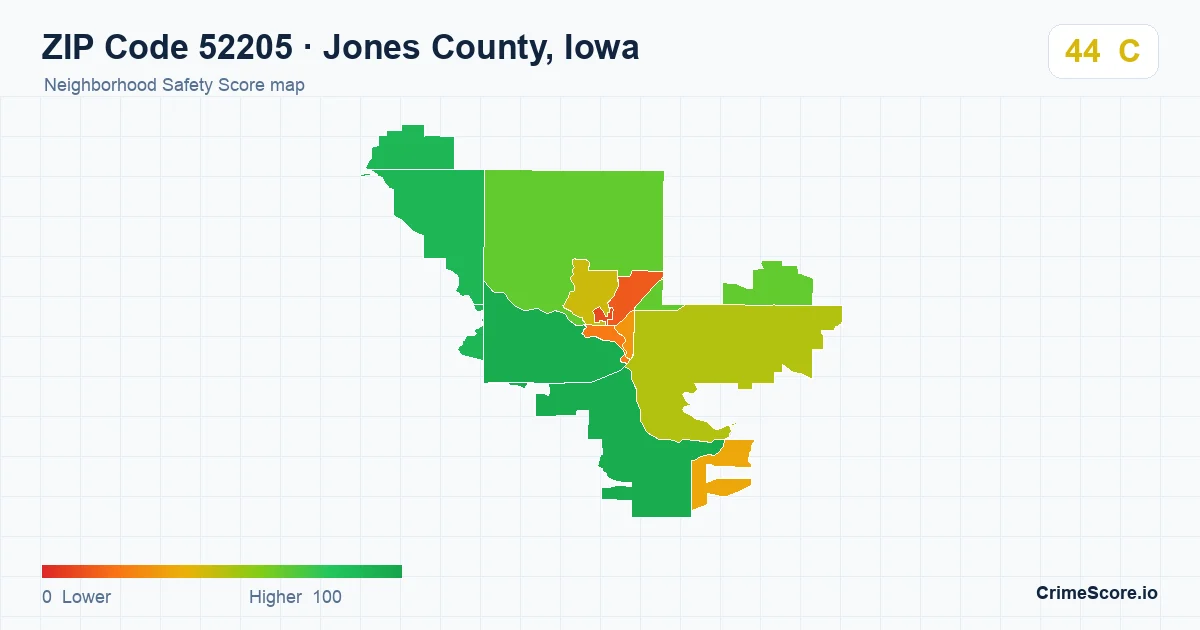 ZIP Code 52205 in Jones County, Iowa neighborhood Safety Score map