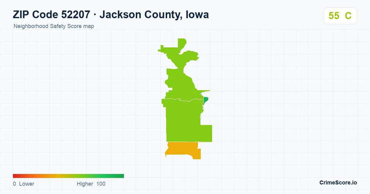 ZIP Code 52207 in Jackson County, Iowa neighborhood Safety Score map