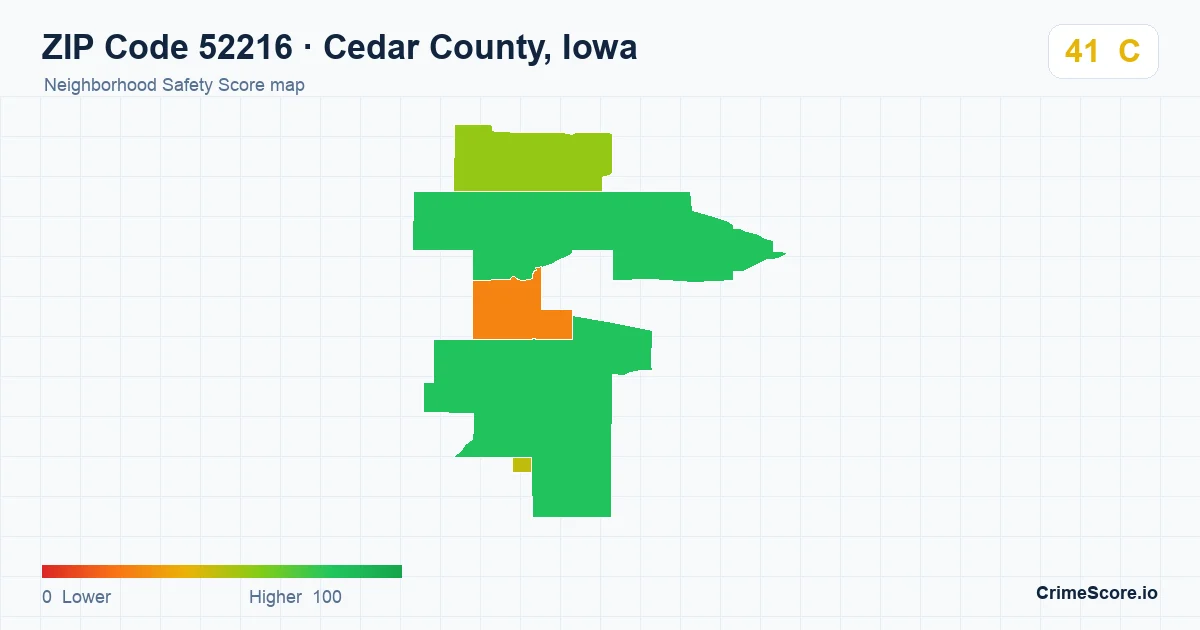 ZIP Code 52216 in Cedar County, Iowa neighborhood Safety Score map