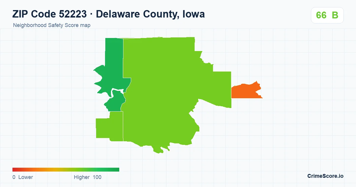 ZIP Code 52223 in Delaware County, Iowa neighborhood Safety Score map