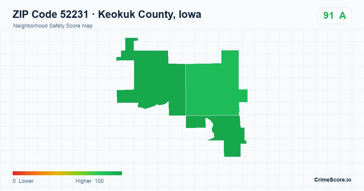 ZIP Code 52231 in Keokuk County, Iowa neighborhood Safety Score map