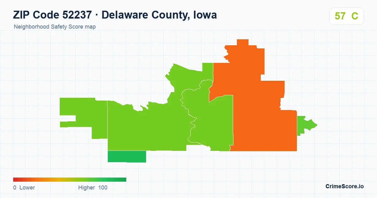 ZIP Code 52237 in Delaware County, Iowa neighborhood Safety Score map