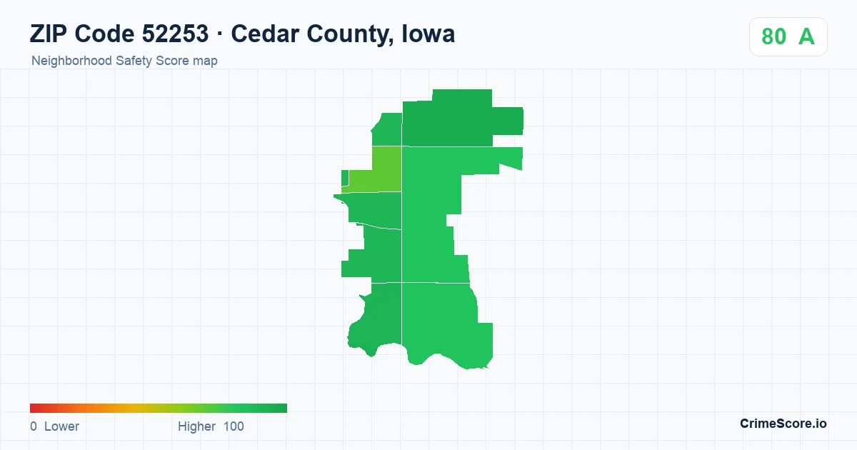 ZIP Code 52253 in Cedar County, Iowa neighborhood Safety Score map