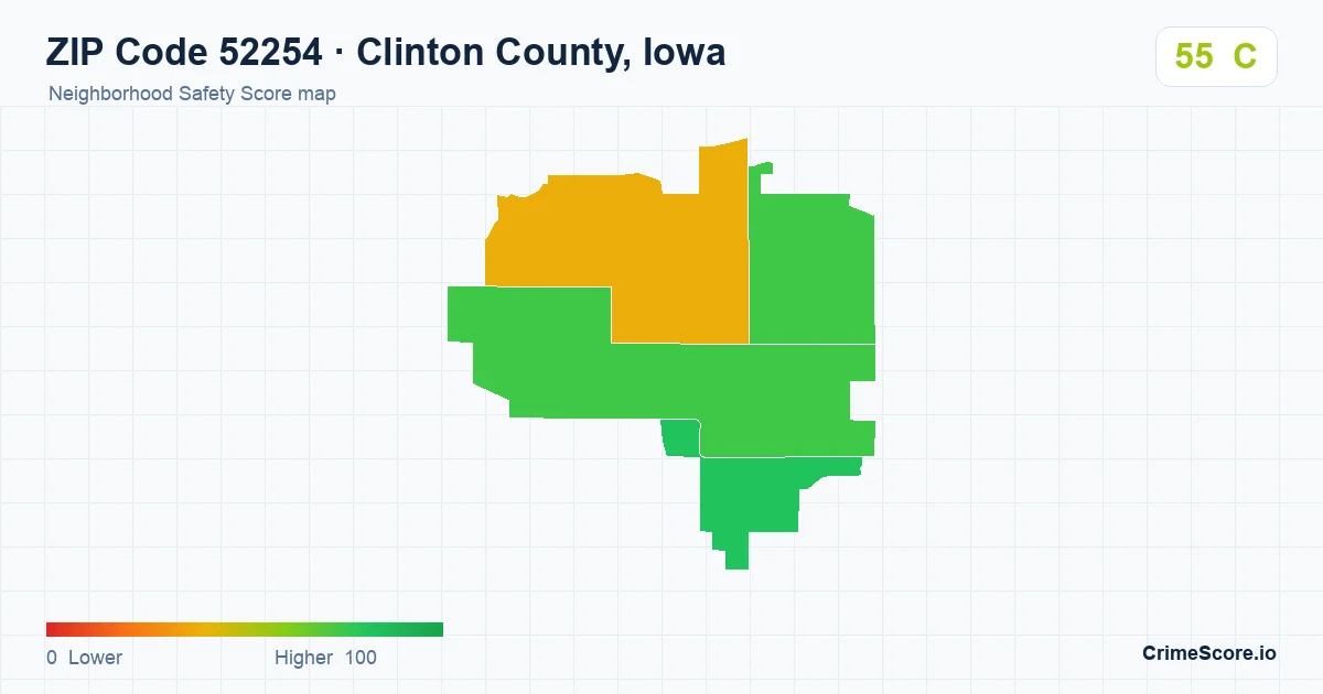 ZIP Code 52254 in Clinton County, Iowa neighborhood Safety Score map