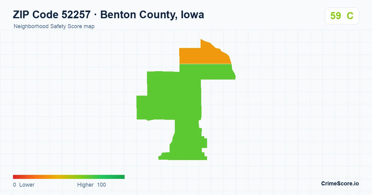ZIP Code 52257 in Benton County, Iowa neighborhood Safety Score map