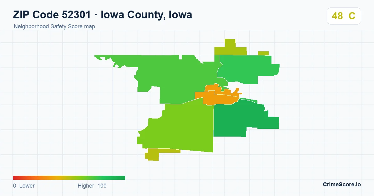 ZIP Code 52301 in Iowa County, Iowa neighborhood Safety Score map