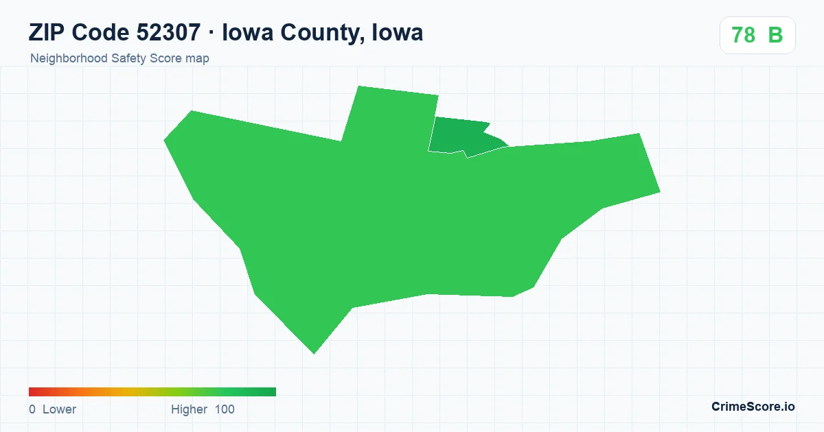 ZIP Code 52307 in Iowa County, Iowa neighborhood Safety Score map