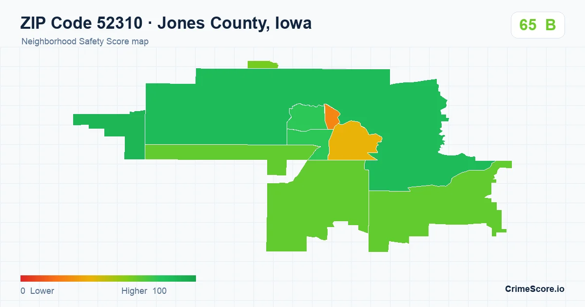 ZIP Code 52310 in Jones County, Iowa neighborhood Safety Score map