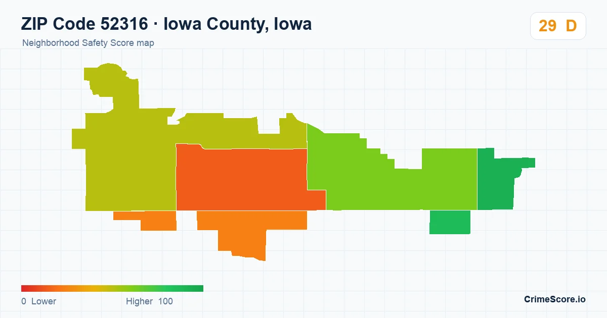 ZIP Code 52316 in Iowa County, Iowa neighborhood Safety Score map